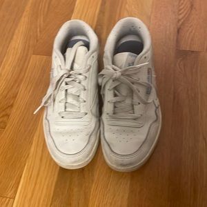 White reeboks with blue writing size 8